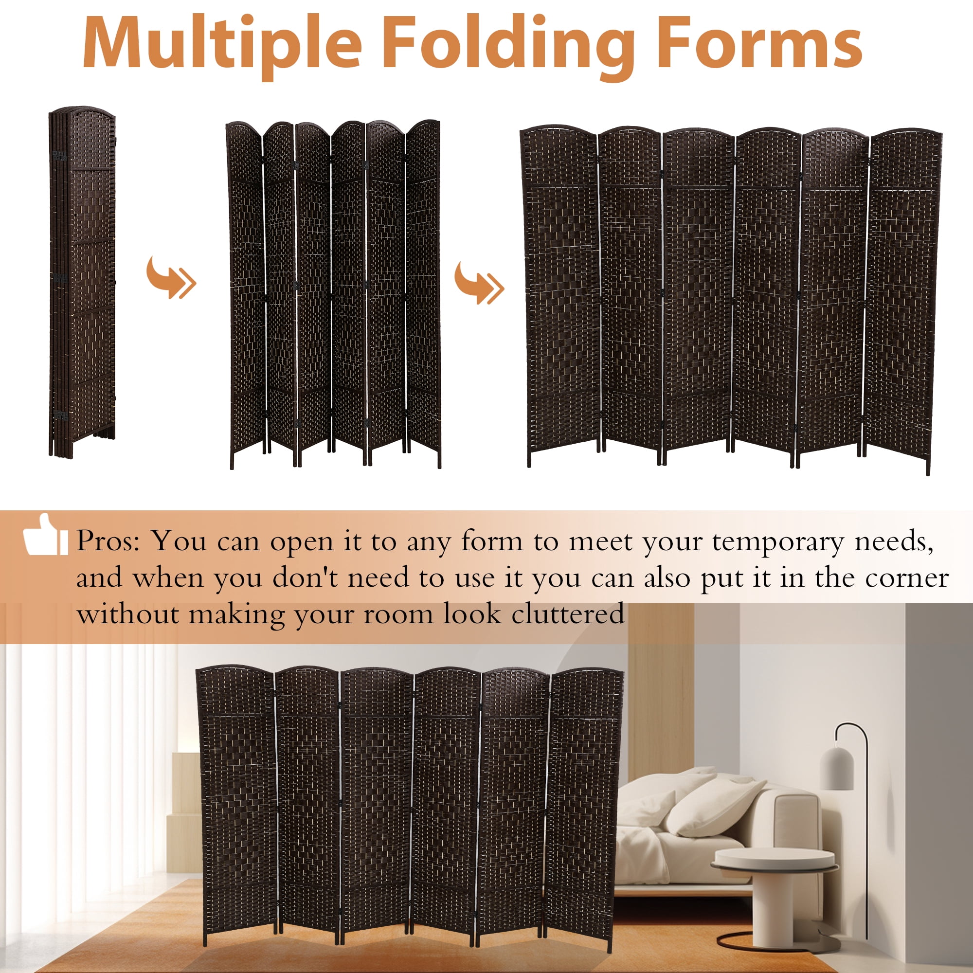 CL.HPAHKL 6 Panel Room Divider, 6 ft Tall Folding Privacy Screen Indoor Room Separators Divider Wall with Double Hinged Panels Portable Partition Wall Divider for Home Office Bedroom, Brown