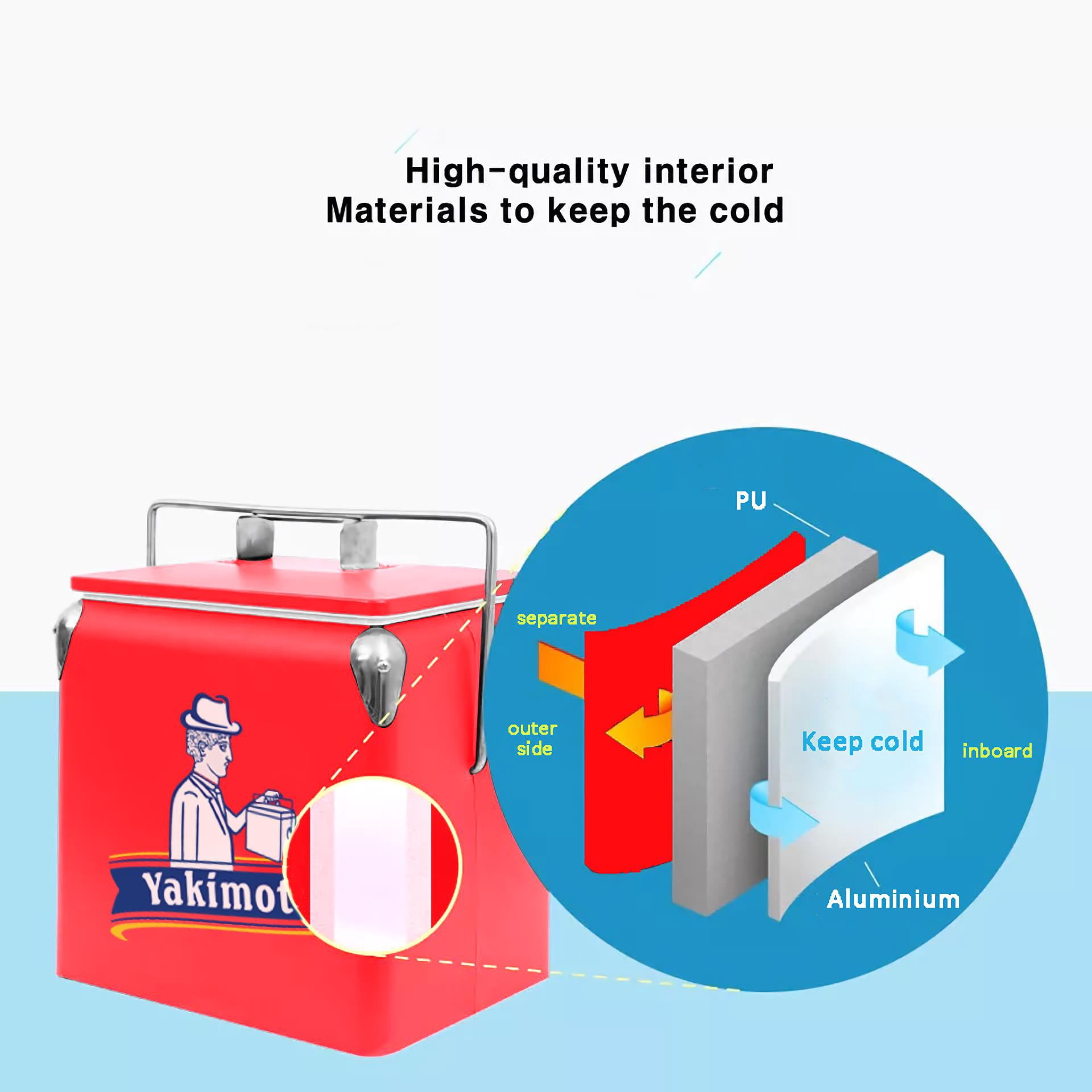 Yakimoto 14-Quart Retro Metal Ice Chest Cooler with built-in Bottle Opener and 72-Hour Ice Retention for camping and travel