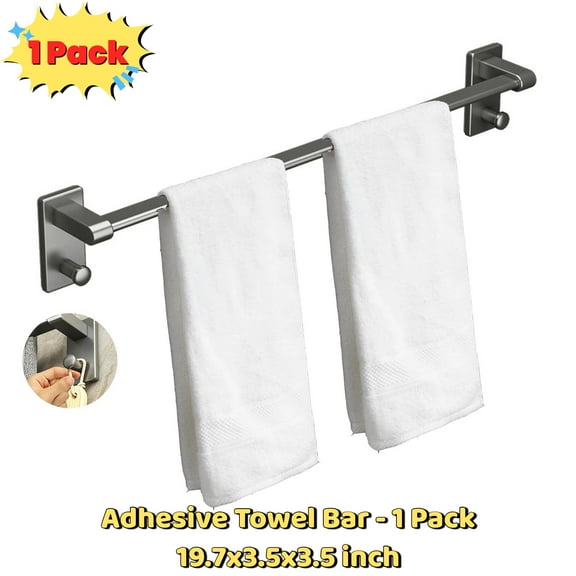 20 Inch Adhesive Towel Bar - Stainless Steel Stick on Towel Rack for Bathroom, No Drilling Towel Holder with 2 Hooks