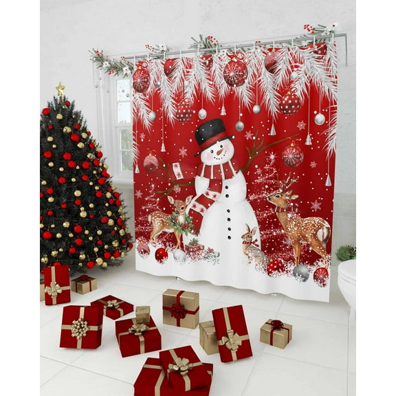 Snowman Christmas Red Shower Curtain, Xmas Elk Snowflake Tree Leaves Funny Waterproof Washable Boho Funny Cute Shower Curtains Set for Bathroom Farmhouse Bathtubs Decor with Hook, 36"Wx72"L