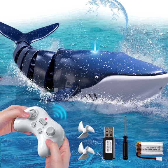 Unbranded Remote Control Whale Shark Toy with Water Spray and LED Lights, 1:18 Scale 2.4GHz RC Water Boat for Pool and Bathtub, Gift for Kids Ages 6