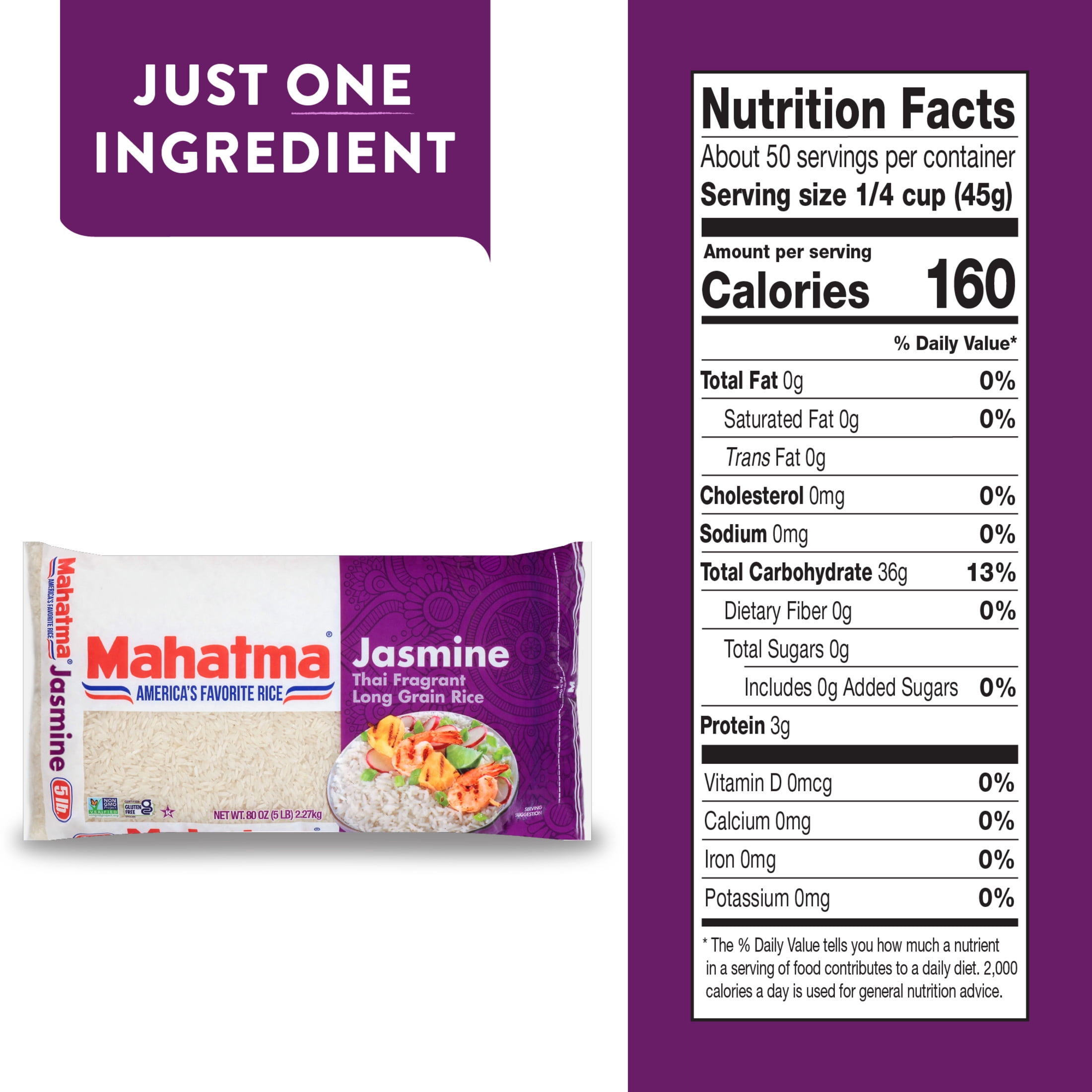Mahatma Jasmine Rice, Thai Fragrant Long Grain Rice, Gluten Free, 80 oz Bag (5 lbs)