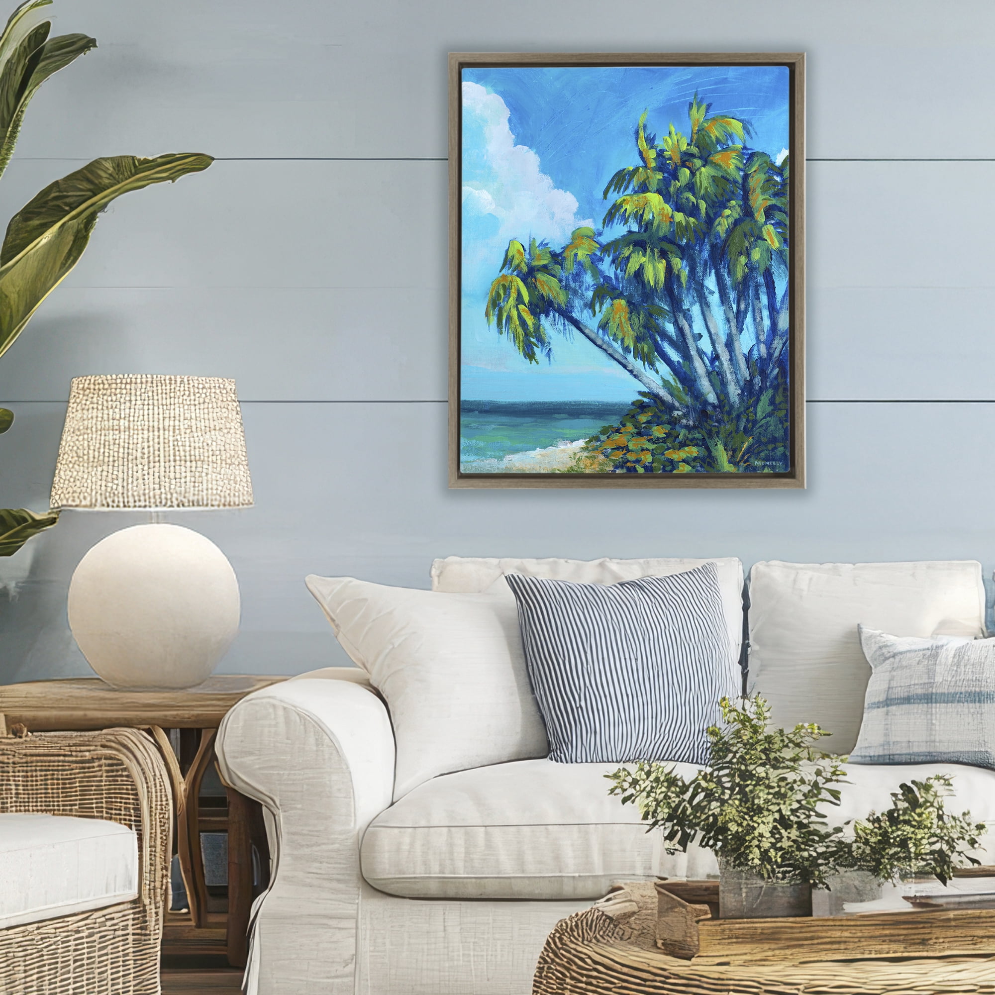 Stupell Industries Cerulean Sky & Palms Brown Framed Floater Canvas Wall Art, design by Dan Meneely