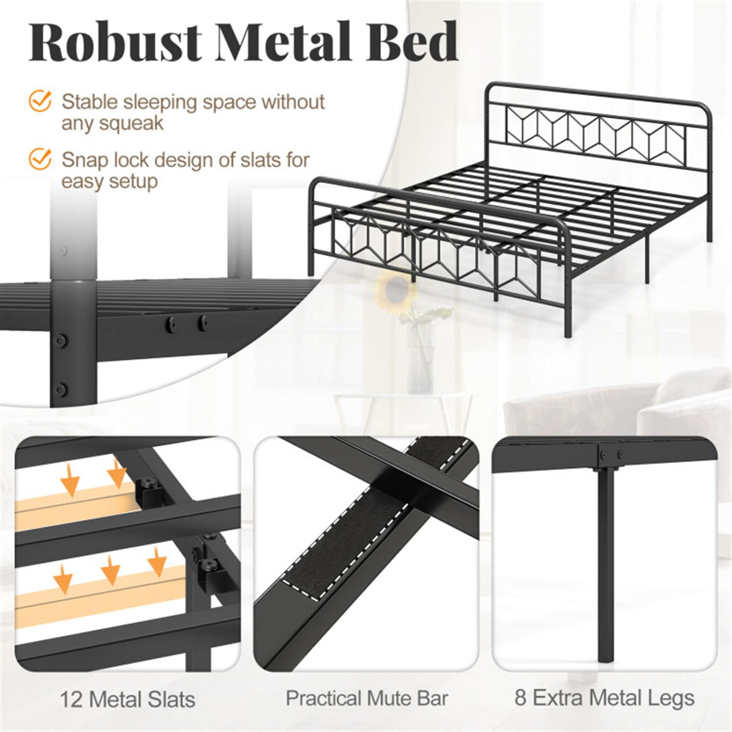 Demi Bonn King Size Bed Frame with High Headboard and Snap Lock Metal Slats, Platform Bed Frame with Under Bed Storage, No Box Spring Needed, Black