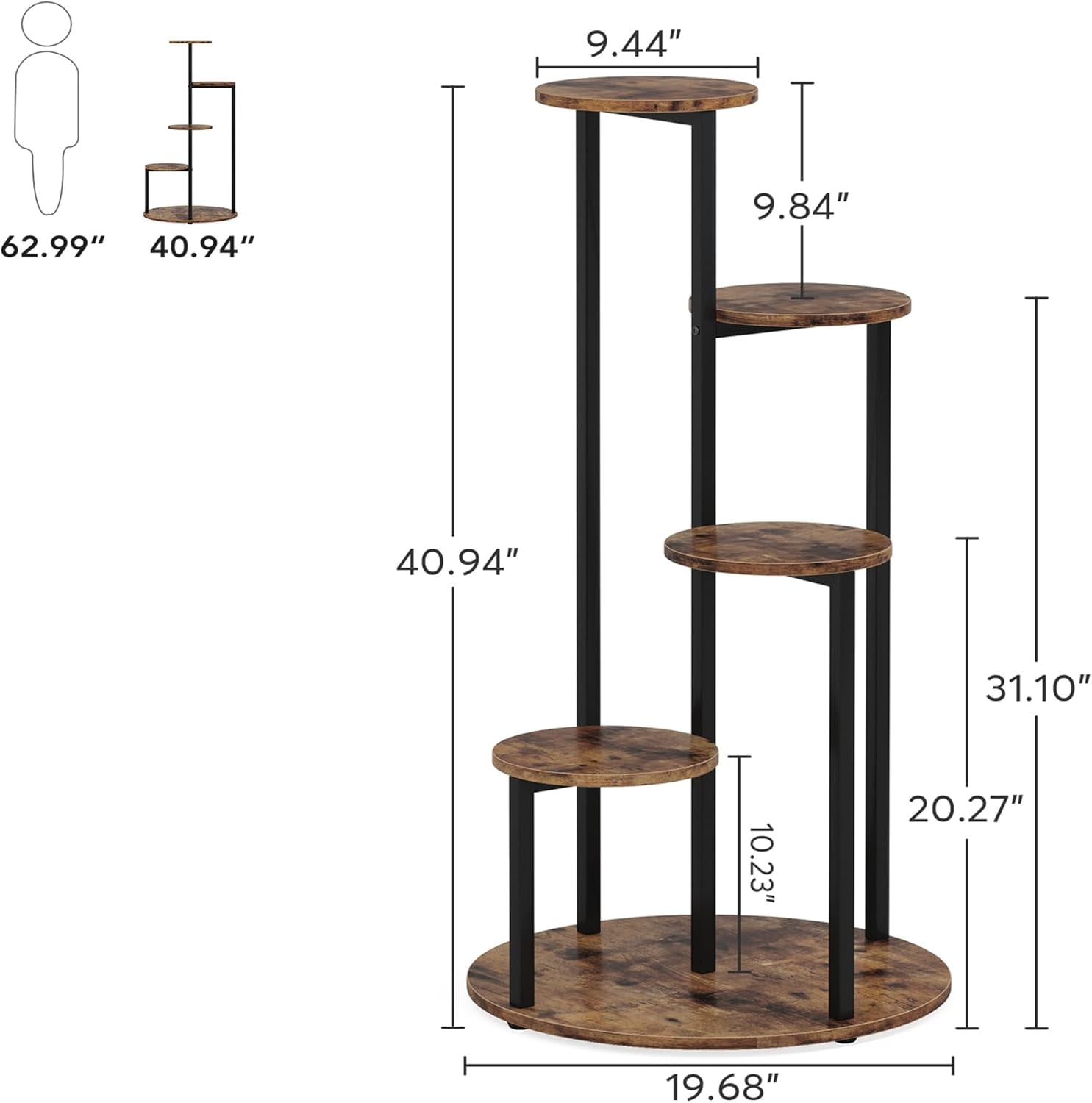 5-Tier Corner Plant Stand Tall Wood & Metal Flower Rack, Rustic Brown Free-Standing Plant Shelf, for Indoor Outdoor Balcony Garden Patio Living Room