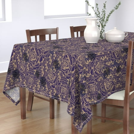 

Cotton Sateen Tablecloth 70 x 108 - Rose Deep Purple Floral Vintage Style Graphic Retro Print Custom Table Linens by Spoonflower