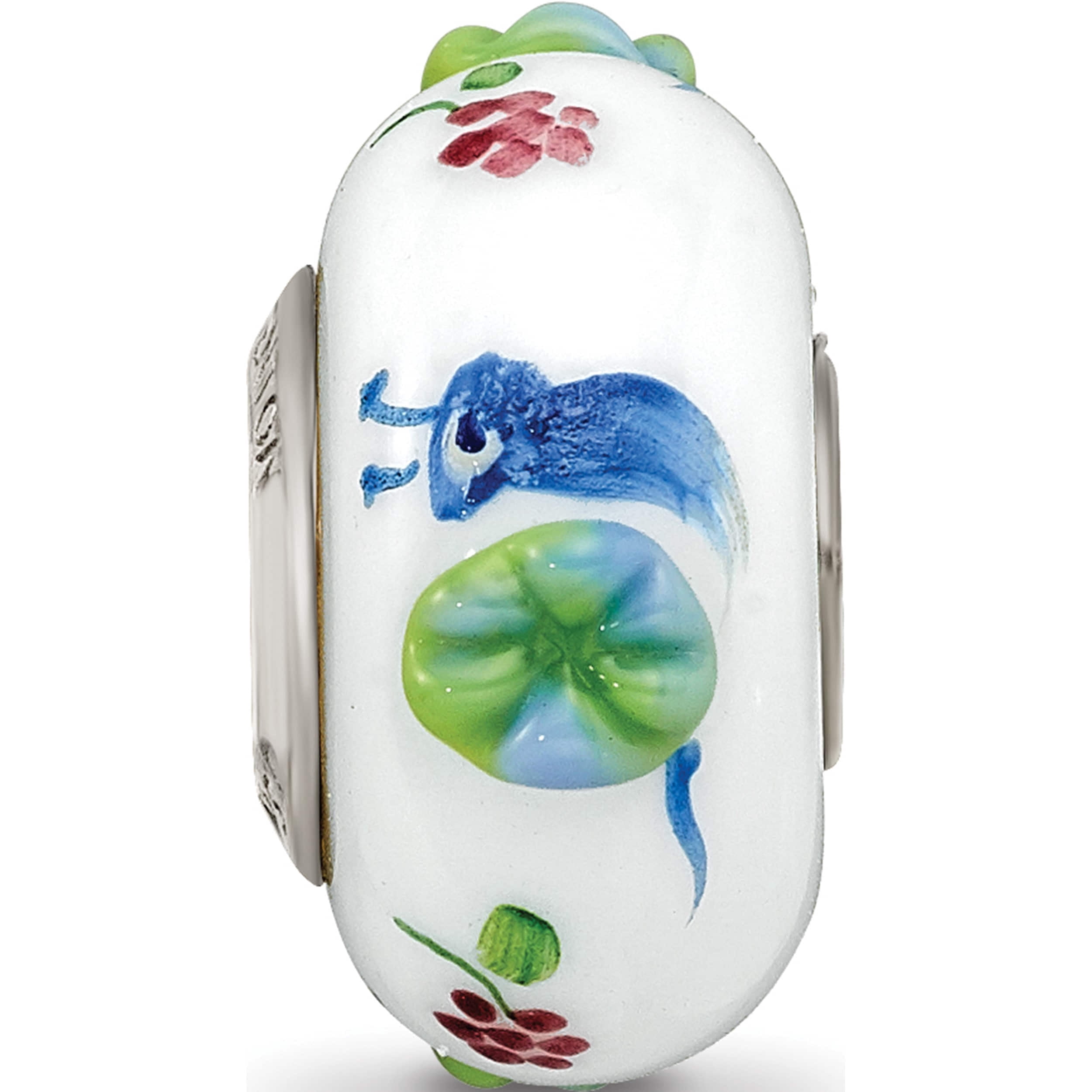 Sterling Silver Ster.Silver Reflections Hand Painted Snails & Grapes Fenton Glass Bead Made In United States qrs3589