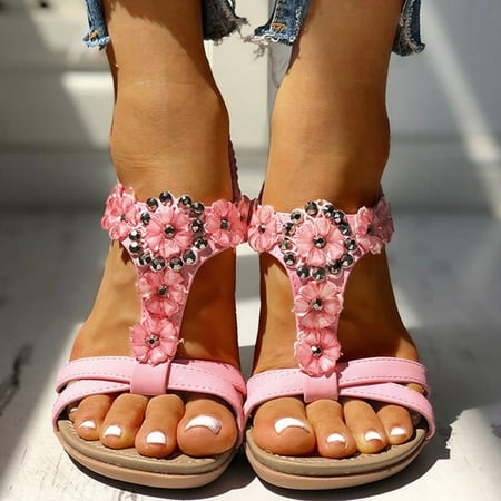 

YTJX Summer Womens Studded Flower Embellished Flat Sandals Shoes Sandals