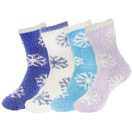 BambooMN Women s Super Fuzzy Warm Soft Microfiber Snowflake Socks - Assortment 4B - 4 Pairs