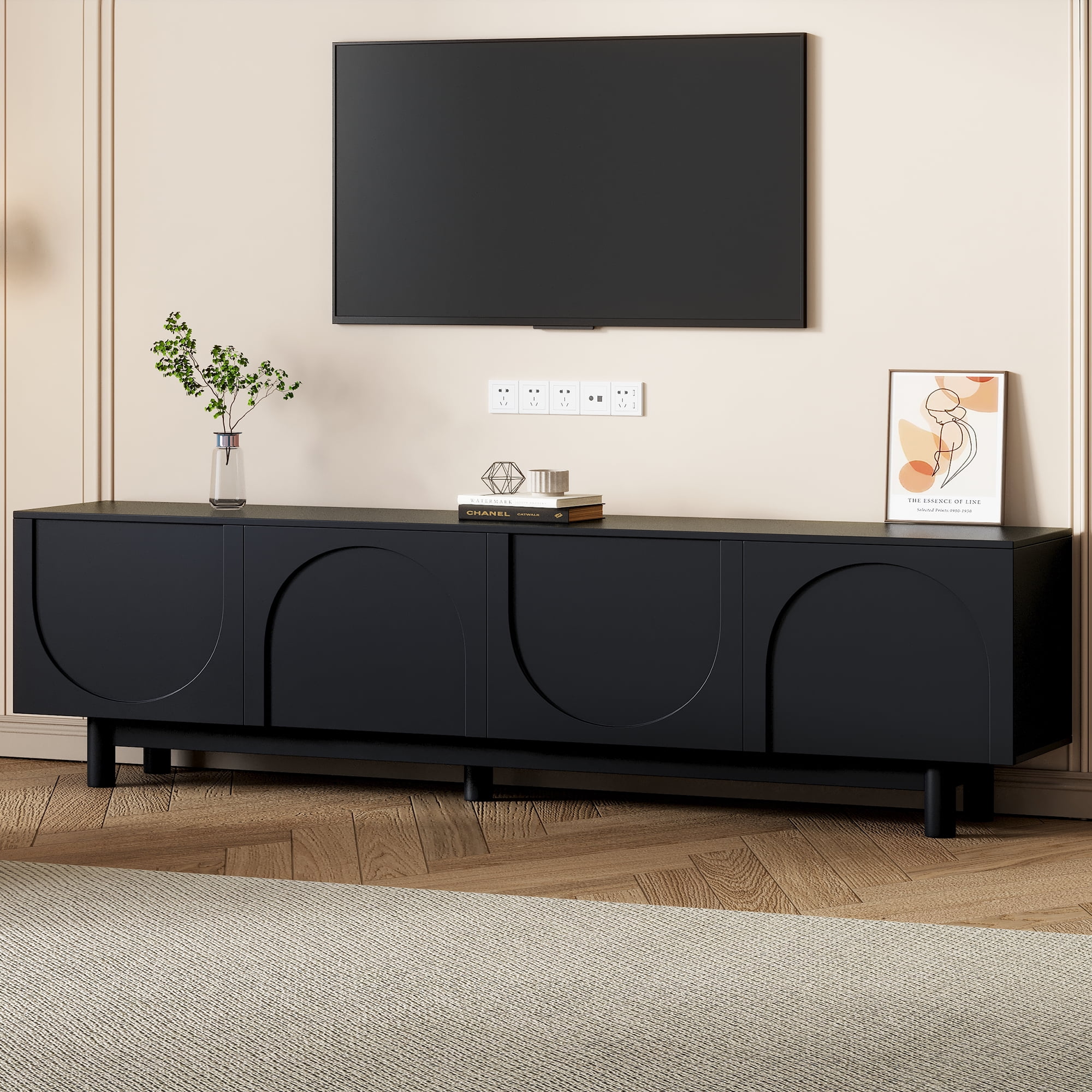 Homy Casa TV Stand for TVs up to 75", Black Entertainment Center with Storage Cabinets