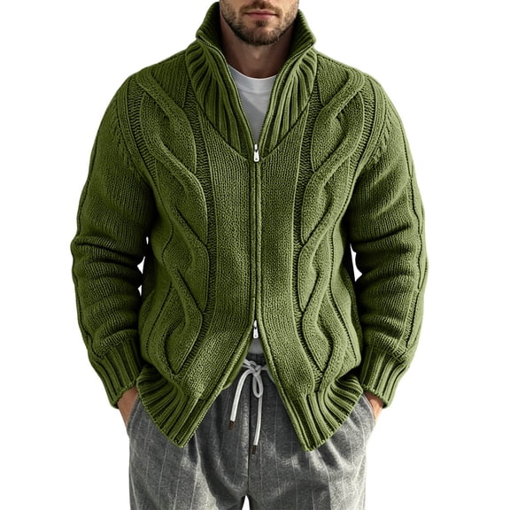Delconic Mens Stand Collar Knit Cardigan Sweater Full Zip Long Sleeve Cable Textured Rib Trim Regular Fit Casual Outer Layer Army Green L