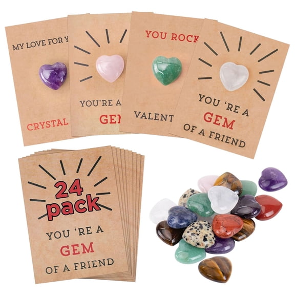 Valentines Day Gifts - 24 Pack Valentines Cards with Heart-Shape Crystals Gemstones for School Classroom Valentine Gift Exchange for Boys Girls Toddlers Funny Valentine's Toys Party Favor