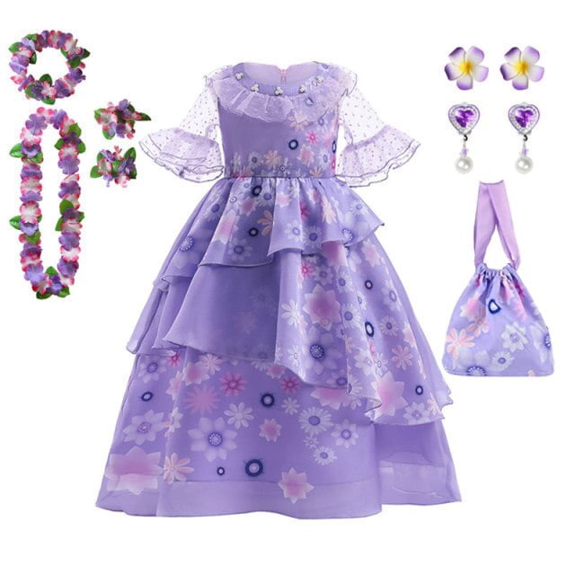 Disney Mirabel Isabela Costume for Girls Princess Dress Suit Cosplay Encanto Carnival Birthday Party Wreath Clothes Bag Charm9-10T (140) Gao Jinjia LED