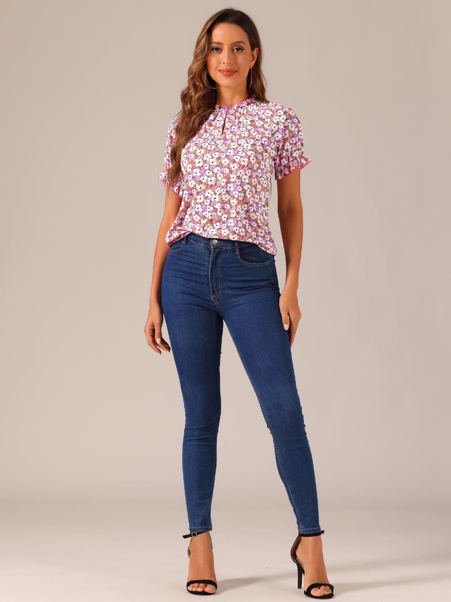 DARING DIVA Women's Floral Ruffled Neck Short Sleeves Top Blouse S Hot Pink