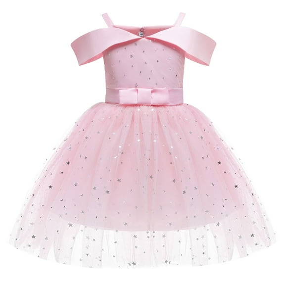 TAGOLD Toddler Girls Net Yarn Temperament Sequins Bowknot Birthday Party Gown Long Dresses Pink 3-4 Years