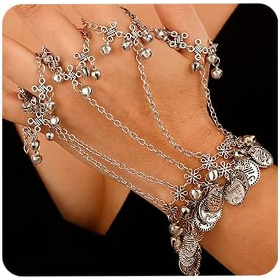 Boho Coins Link Hand Chain Bracelet with 5 Finger Rings Vintage Metal Bells Belly Dance Bracelets Halloween Costume Accessory for Women