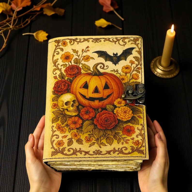 Pumpkin Leather Journal – Halloween Witchy Grimoire Notebook, Handmade 5x7 Inch Journal, 200 Deckle Pages, Wiccan Pagan Spellbook