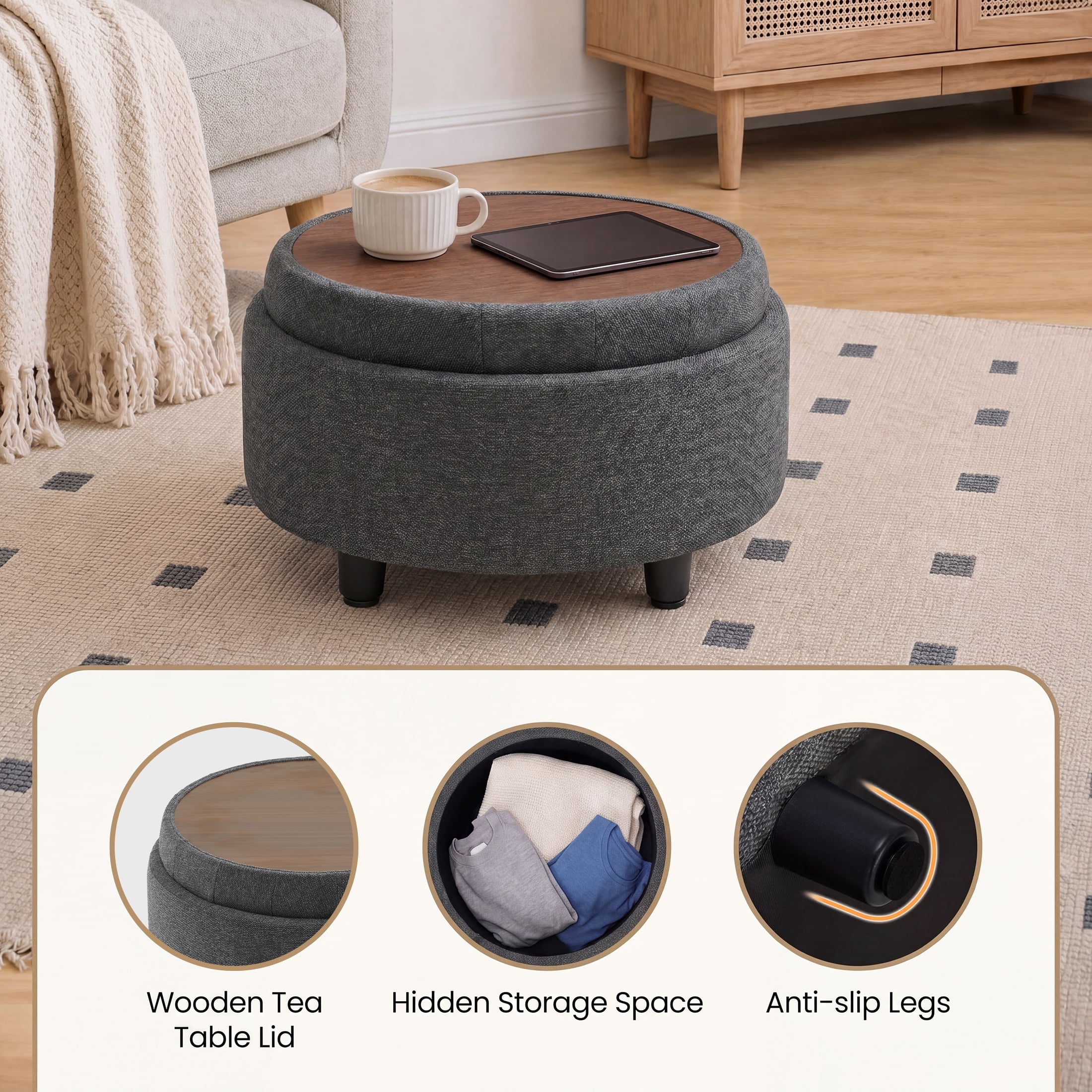 Darkgrey Round Ottoman with Storage and Reversible Tray, Upholstered Fabric Footrest Coffee Table for Living Room, Bedroom, Entryway-25 Inch