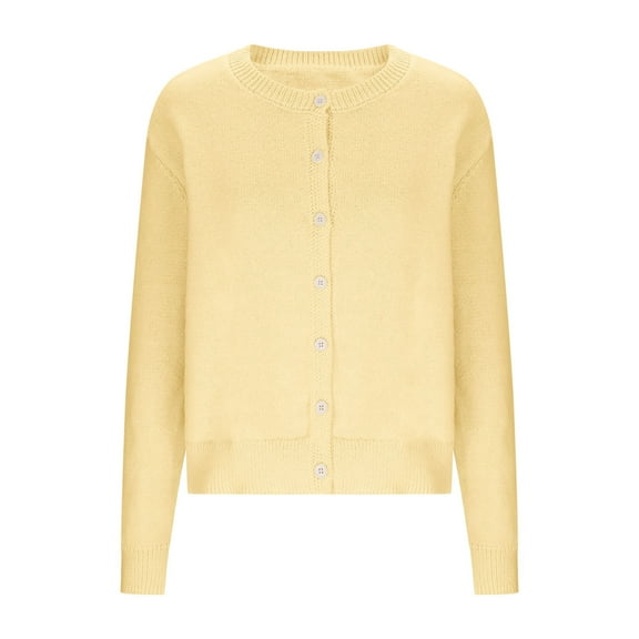 SwiftWear Casual Creamy Yellow Long Sleeve Crew Neck Cardigan - Soft Knit Lightweight Sweater for Daily Wear, Cozy Button Down Open Front Tops