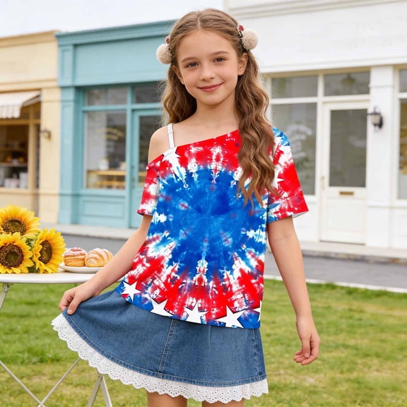 JOANKDMI American Flag Shirt Teen Girls 4th of July off Shoulder Short Sleeve Patriotic Memorial Day Wide Fit Tops Anniversary Holiday Festival Summer T Shirts
