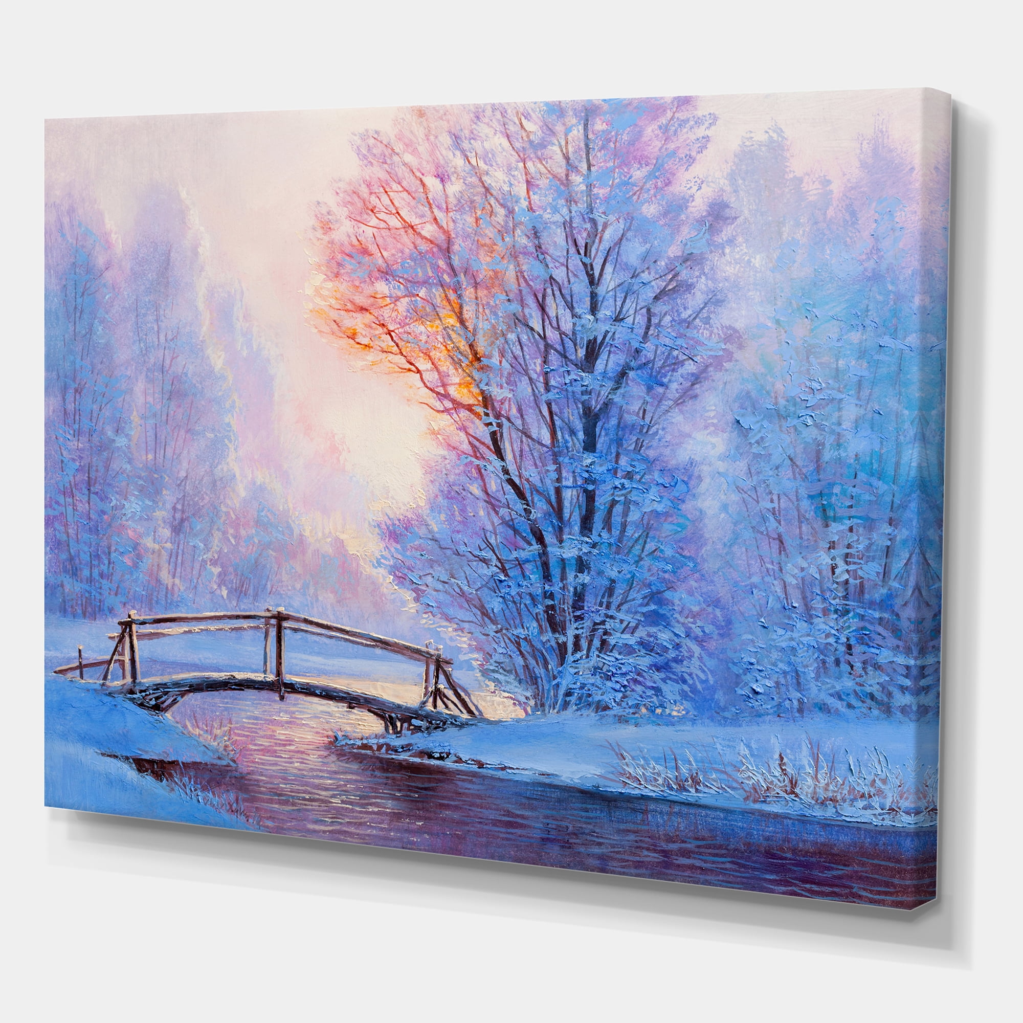 Winter Landscape With A Bridge and A River 8 in x 12 in Painting Canvas Art Print, by Designart