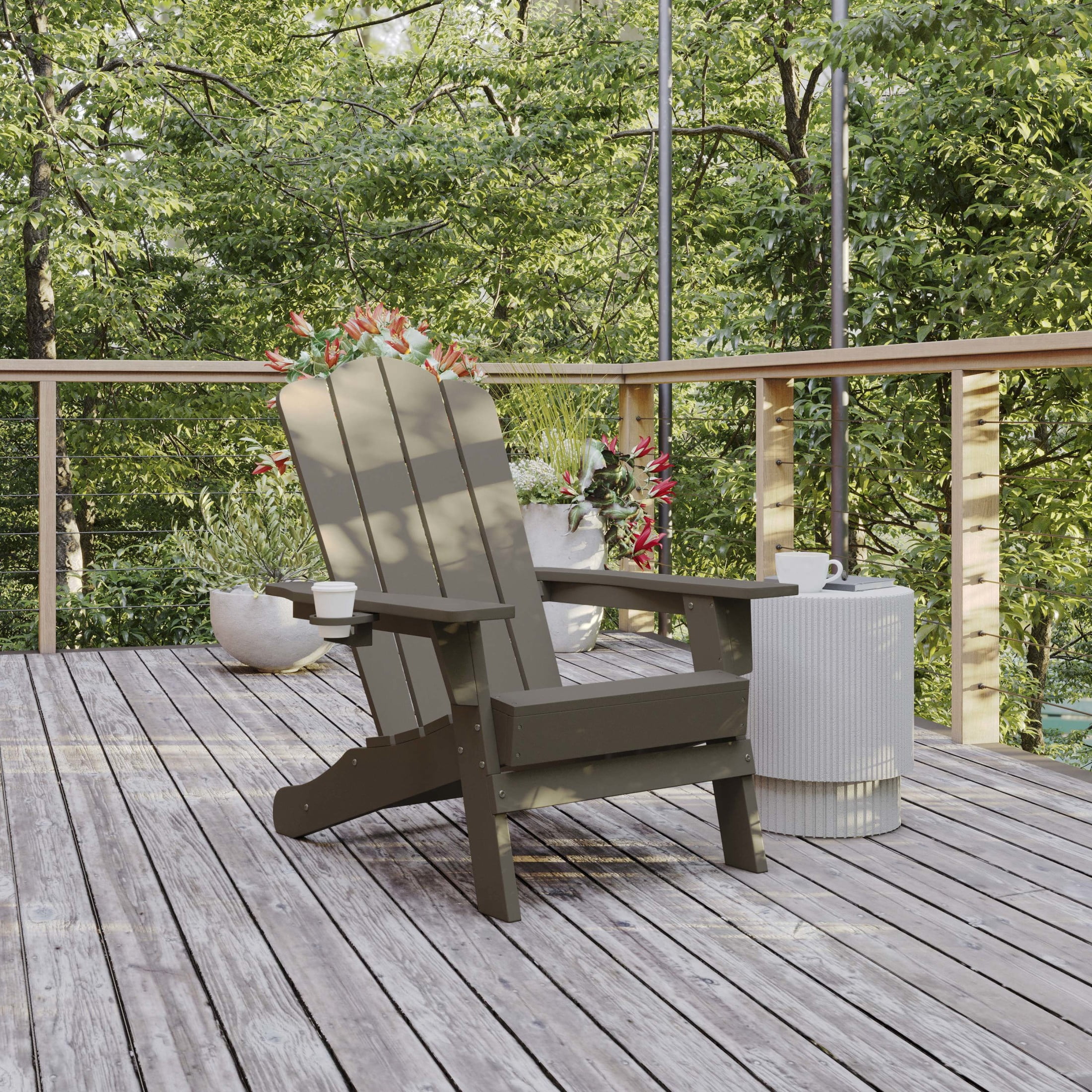Flash Furniture Newport Adirondack Chair with Cup Holder, Weather Resistant HDPE Adirondack Chair in Brown