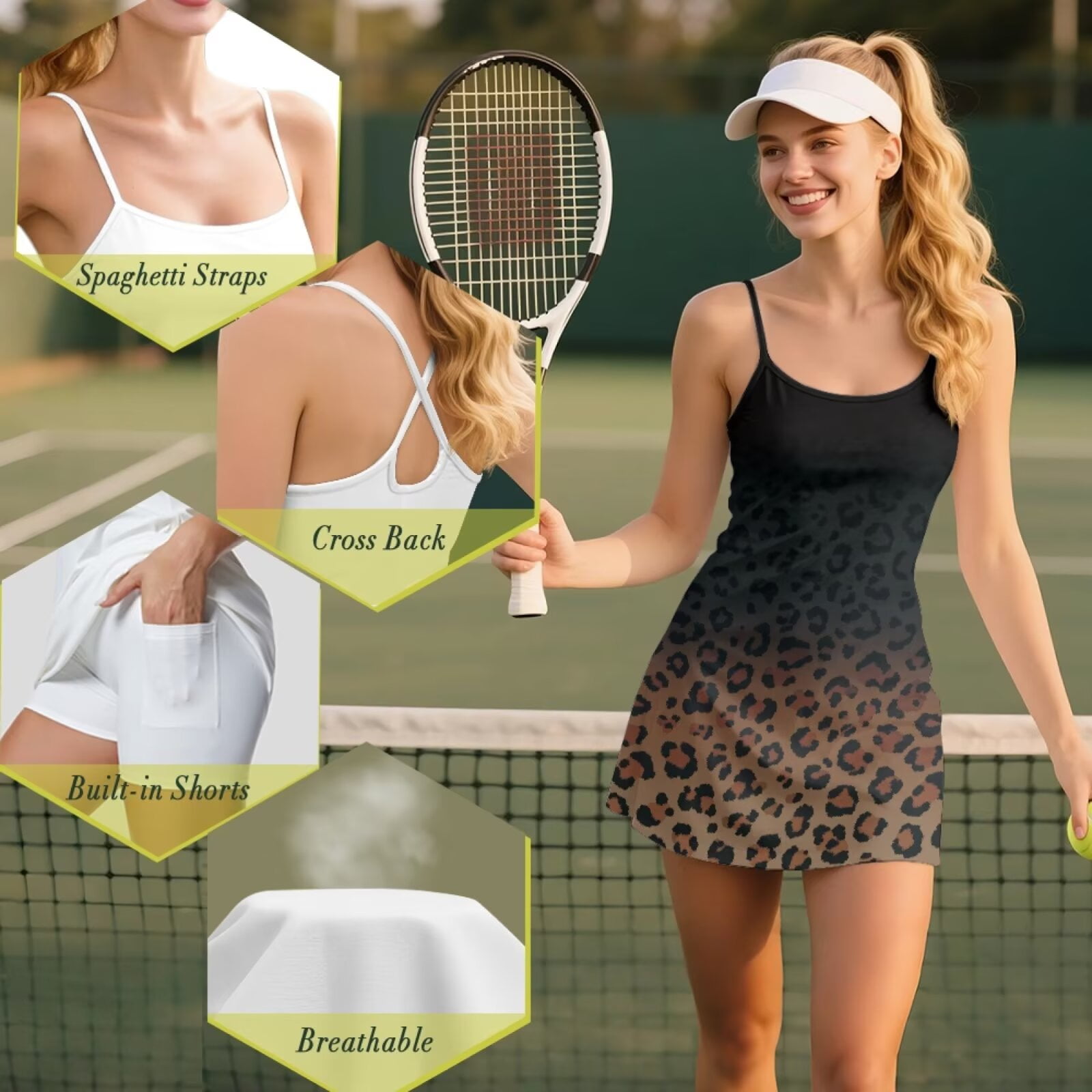 Psesaysky Athletic Dress for Women Black Brown Leopard Print Mini Length Crew Neck Sleeveless Built in Shorts with Pockets Tennis Golf Dress, Size XS