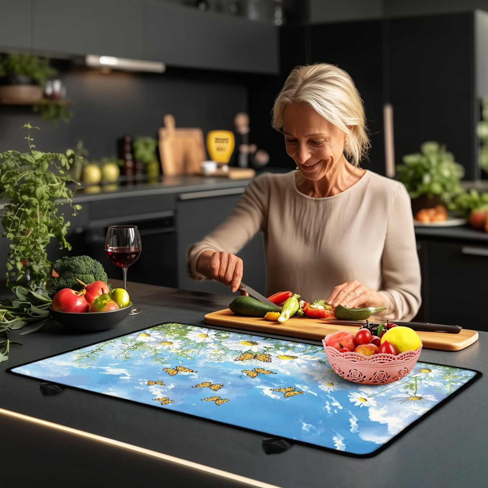 Renewold Stove Top Cover for Electric Stove, Non-skid Glass Electric Stove Top Mat, Induction Electric Stove Top Protector for Kitchen Counter Top, Butterfly Daisy Blue Sky