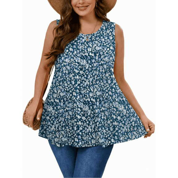 SHOWMALL Women's Plus Tank Tops Beach Sleeveless Tunics Navy Blue Vertical Floral 1X Summer Tops Floral Casual Vacation Holiday Tops