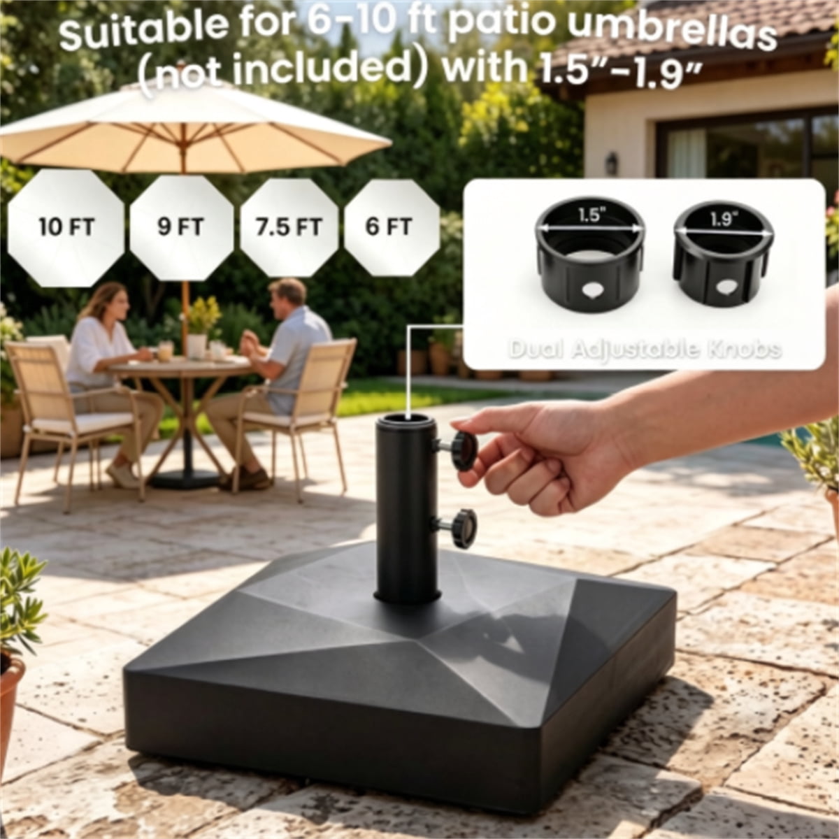 Fillable Patio Umbrella Base with 4 Lockable Rolling Wheels Heavy Duty Water Sand Weighted HDPE Umbrella Stand Universal Umbrella Holder for 6–10 FT Outdoor Patio Umbrella