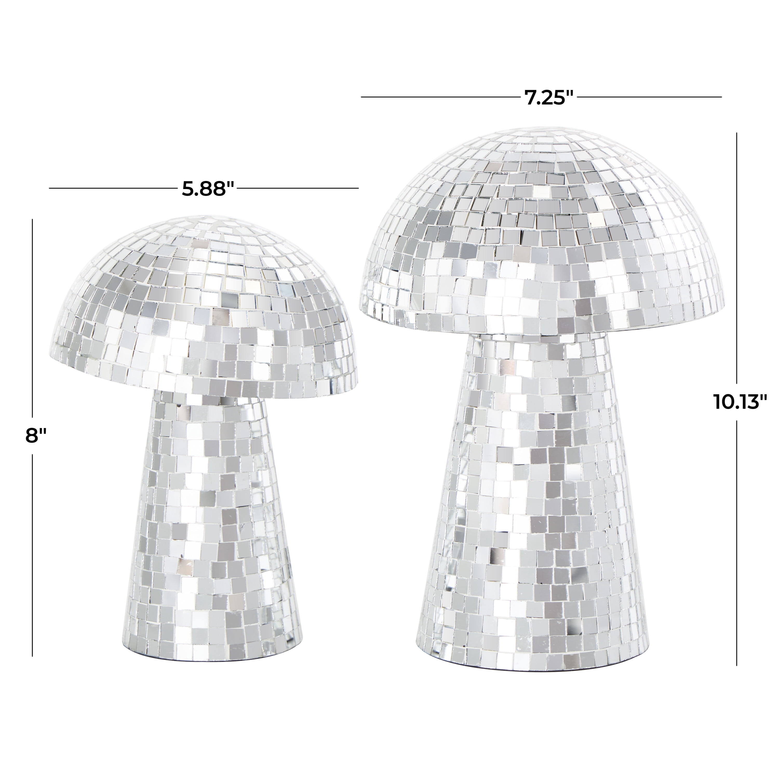 10", 8"H Silver Glass Handmade Mosaic Mirrored Mushroom Sculpture, by DecMode (2 Count)