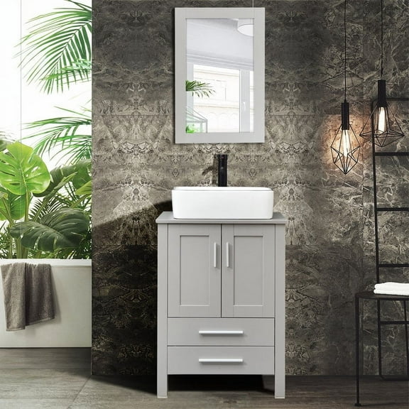 PULUOMIS 24'' Single Bathroom Vanity with Manufactured Wood Top with Mirror, Gray
