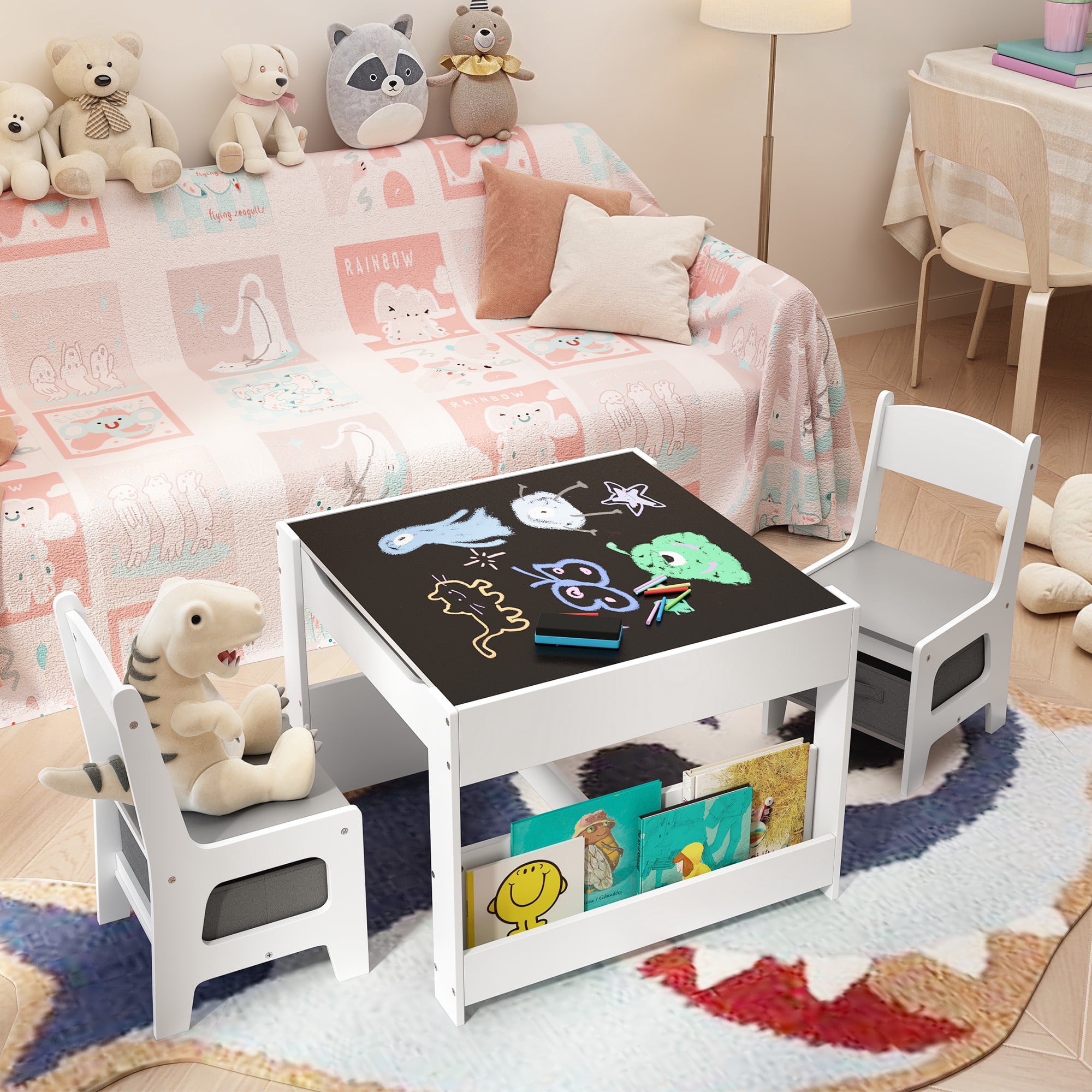 Asofer 4-in-1 Kids Table and Chair Set, Bookshelves and Storage Drawer for Drawing Playing Studying Eating, White & Gray