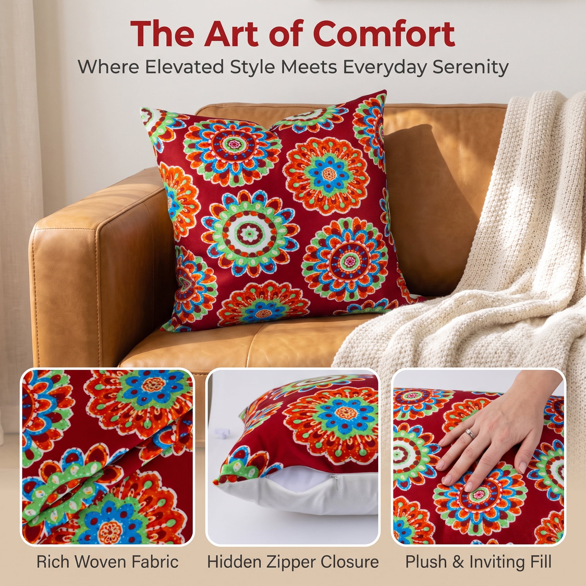 Unique Bargains Set of 2 Botanical Floral Printed Throw Pillow Covers Red 18"x18"