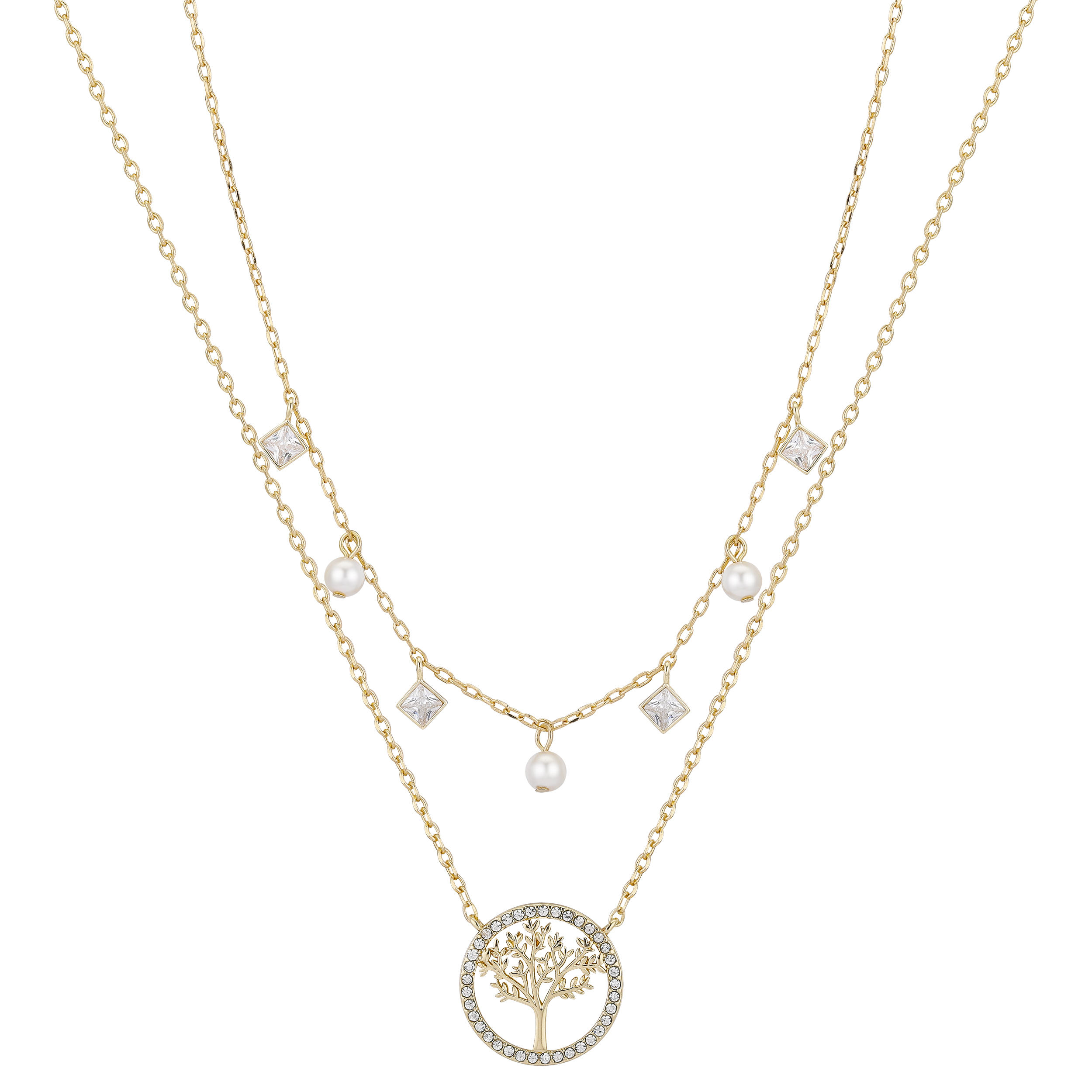 14Kt Gold Flash Plated Cubic Zirconia Mother of Pearl Family Tree Layered Pendant Set, 16+2' & 18+2'