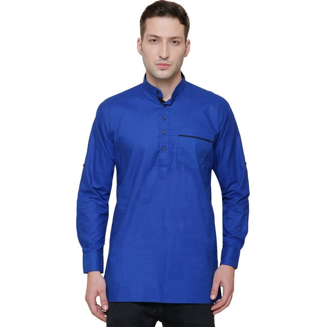 Chemise Kurta Courte pour Homme en Coton de Designer, Vêtements Mode Inde (Bleu, P)