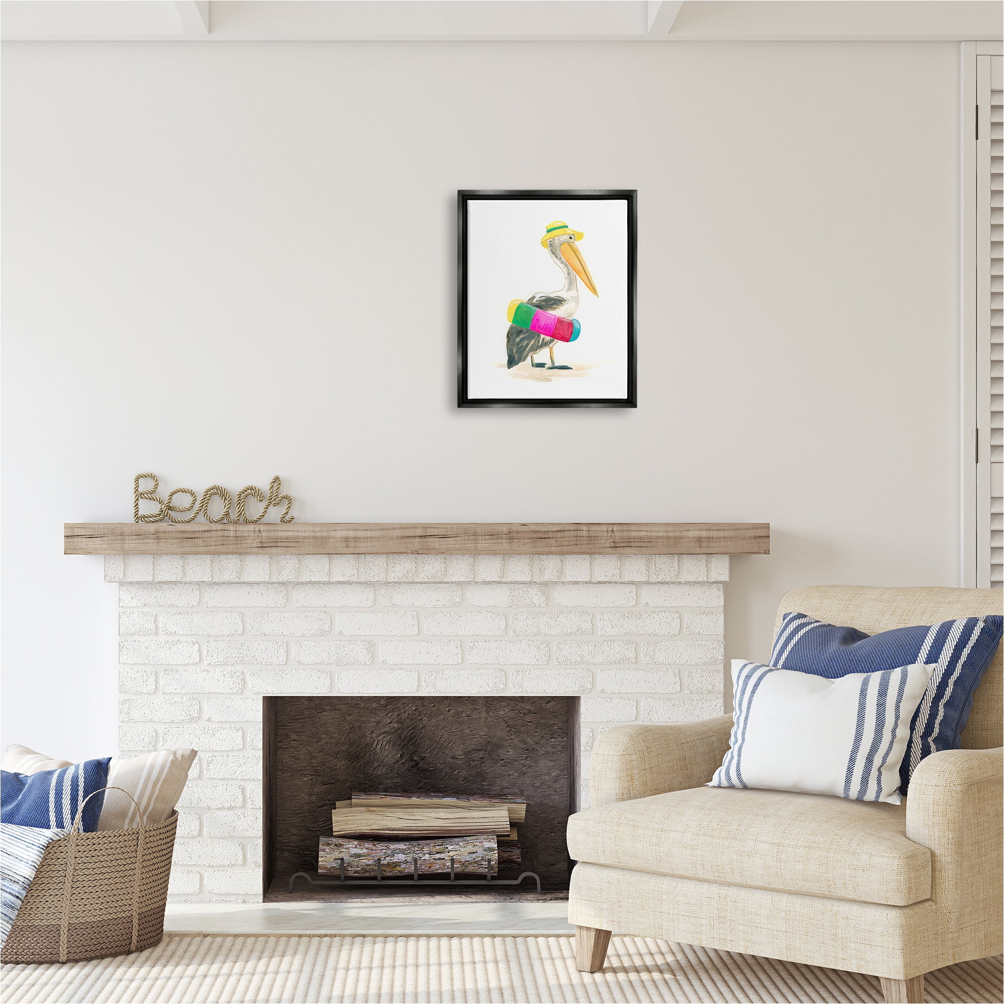 Stupell Industries Pelican & Beach Tube Animals & Insects Painting Black Floater Framed Canvas Art Print Wall Art, 17 x 21