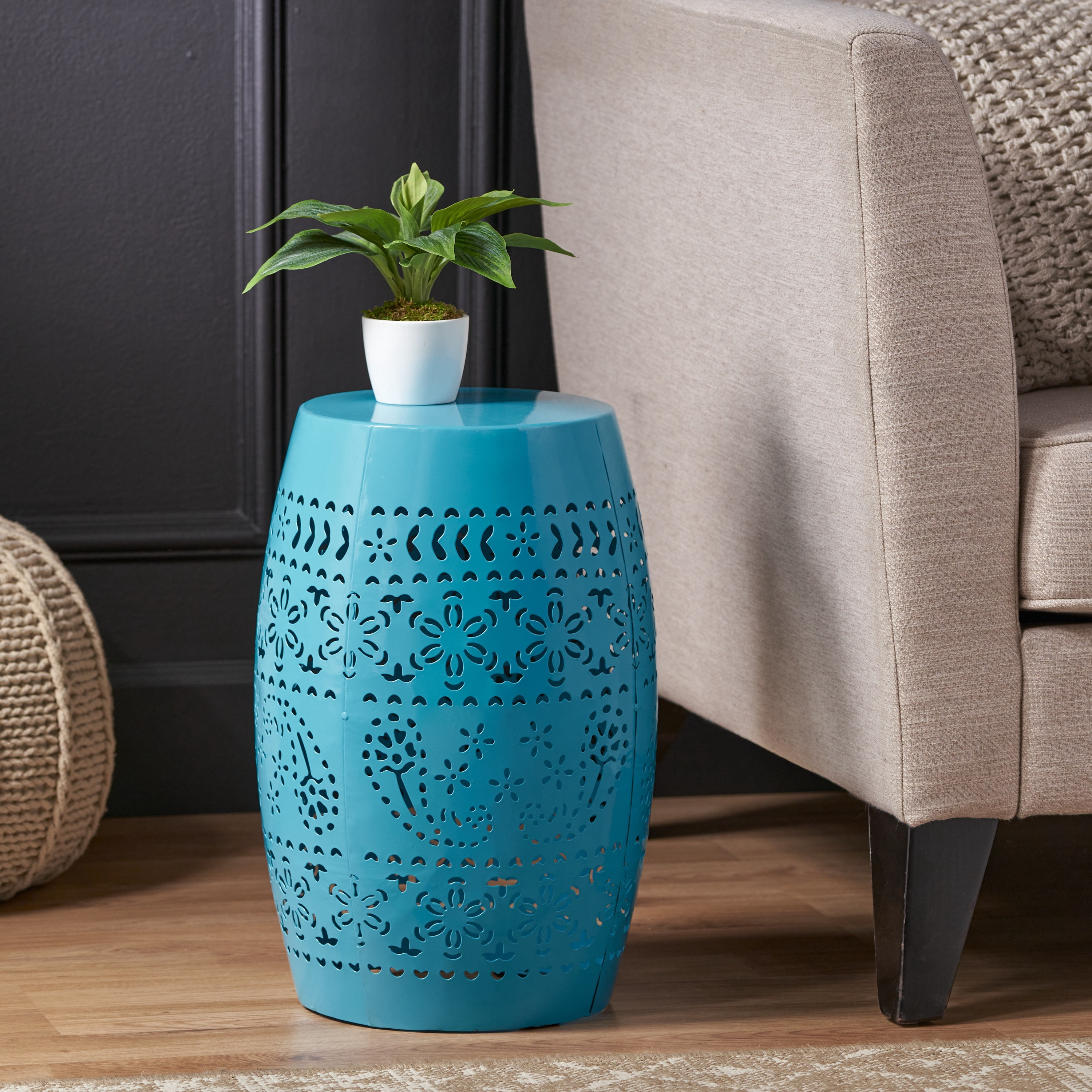 Lace Cut Metal Side Table, Outdoor End Table for Patio Balcony Garden, Blue