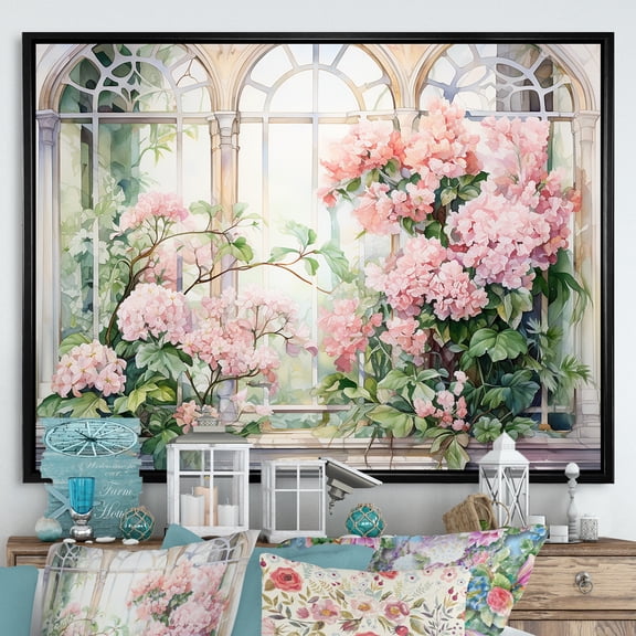 Designart "Gazing through Country Window at Pink Blossoms III" Floral Framed Wall Art - Traditional Pink Window Entryway Framed Wall Art