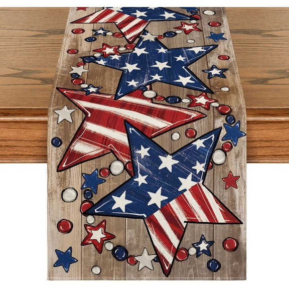 Wood Stars Beads America Patriotic 4th of July Table Runner, Memorial Day Kitchen Dining Table Decoration for Home Party Decor 13x72 Inch