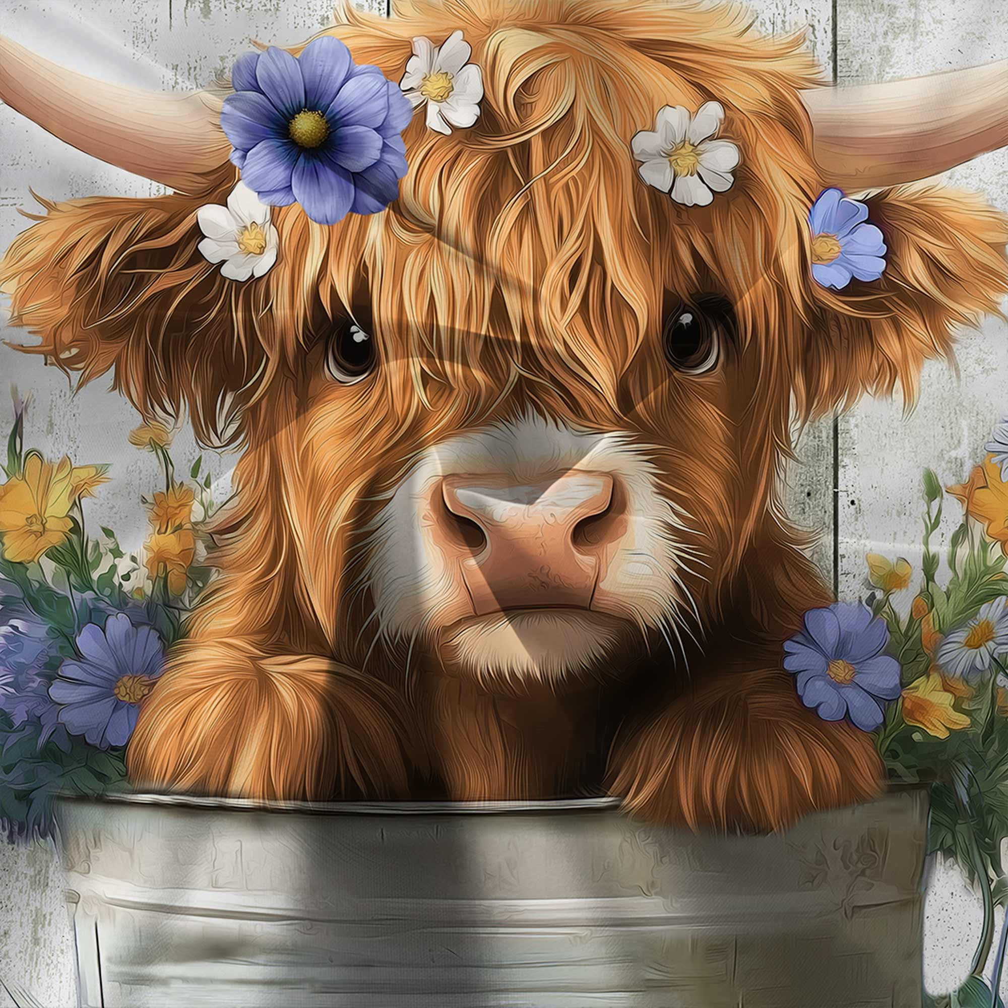 Funny Highland Cow Shower Curtain, Cute Farmhouse Blue and Purple Floral Western Wood Animal Shower Curtain Set, Country Rustic Turquoise Bathroom Accessories Set Decor with Hooks, 60X70in