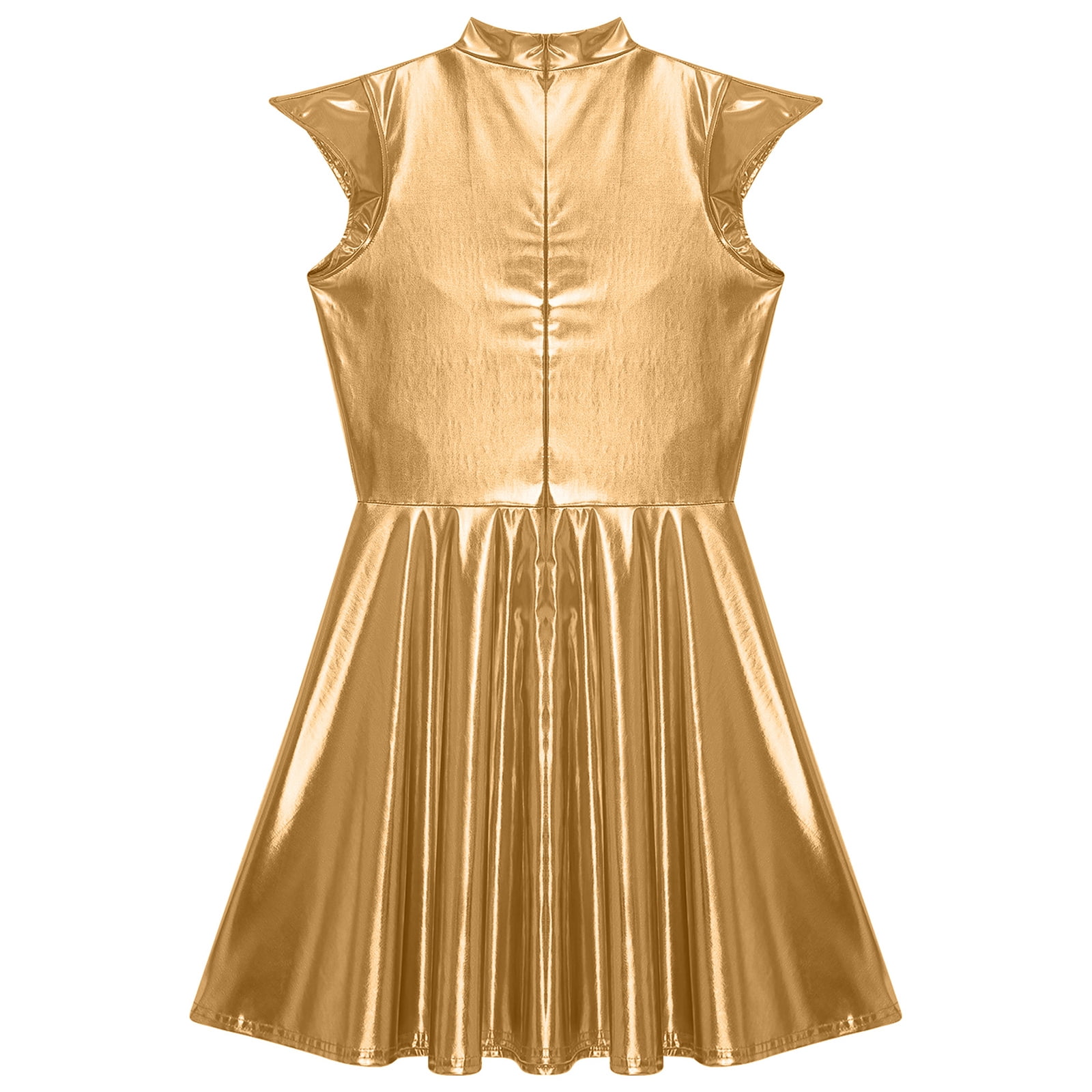 TiaoBug Women's Metallic Sleeveless Club Disco Holographic Dress Wet Look Pleated Dresses Gold XL