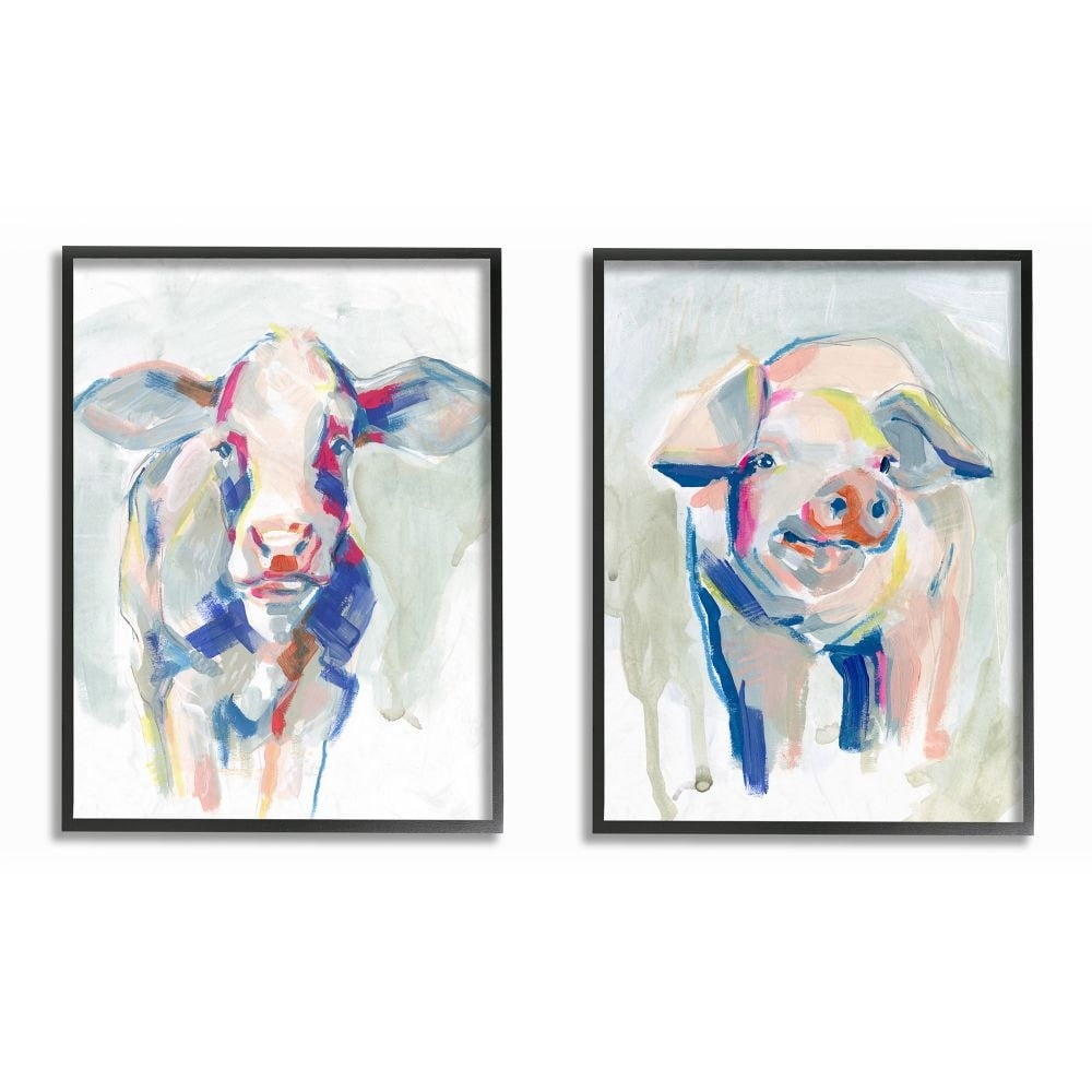 Stupell Industries Colorful Cow And Pig Farm Animal Paintings Black Framed Art Print Wall Art Set of 2, 11x14, by Jennifer Paxton Parker