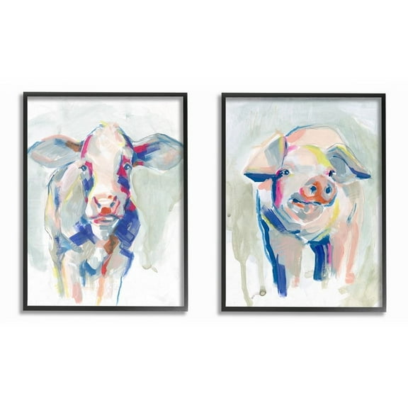 Stupell Industries Colorful Cow And Pig Farm Animal Paintings Black Framed Art Print Wall Art Set of 2, 16x20, by Jennifer Paxton Parker