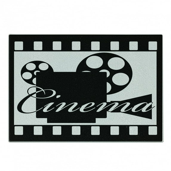 Movie Theater Cutting Board, Monochrome Cinema Projector Inside a Strip Frame Abstract Geometric Pattern, Decorative Tempered Glass Cutting and Serving Board, Small Size, Black White, by Ambesonne