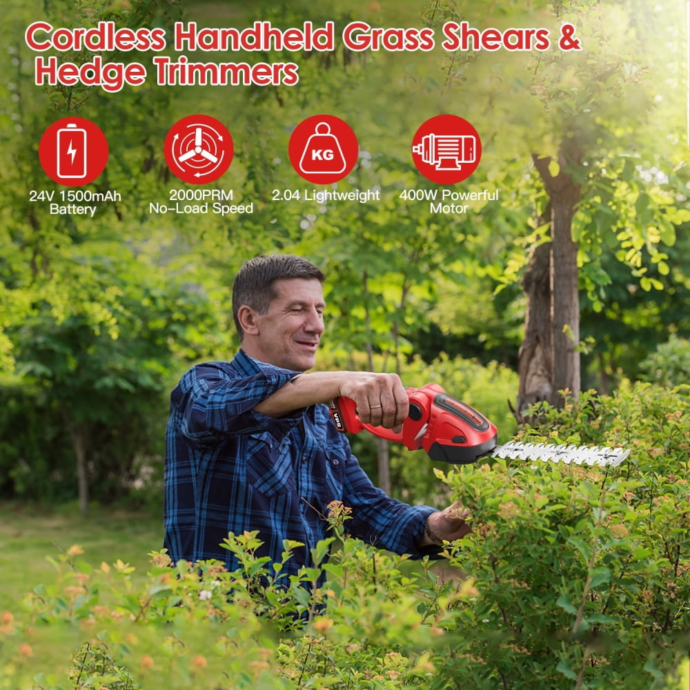 SLOK 24V Cordless Hedge Trimmer, 3-in-1 Grass Shears, Electric Shrub Trimmer with 2 Replaceable Blades