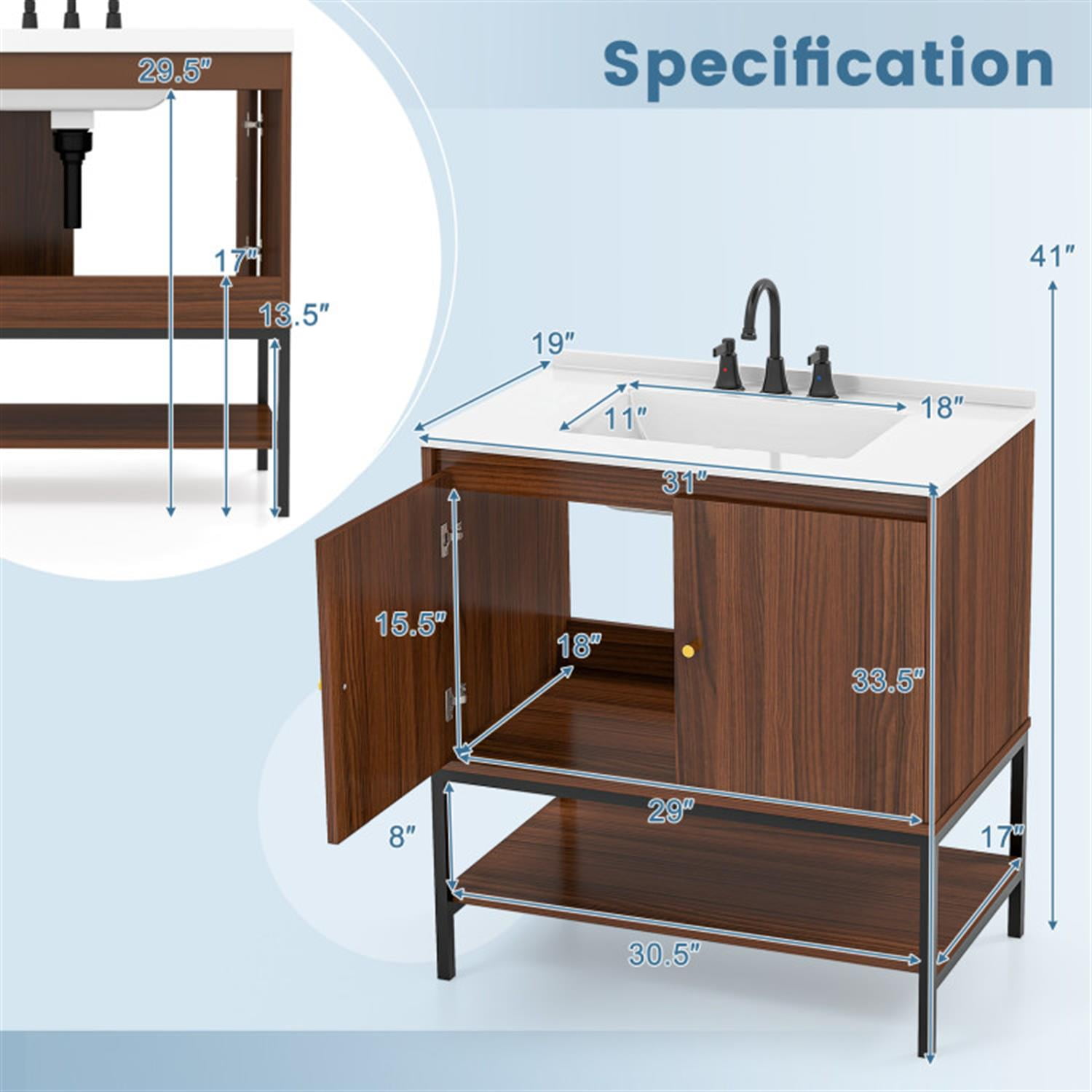 Demi Bonn 31" Bathroom Vanity Sink Combo with Doors and Open Shelf for Small Space, Walnut