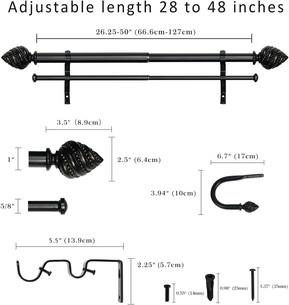 eTeckram 1" Double Curtain Rod with Valois Finials and holdbacks (28‘’-48‘’, Black gold)