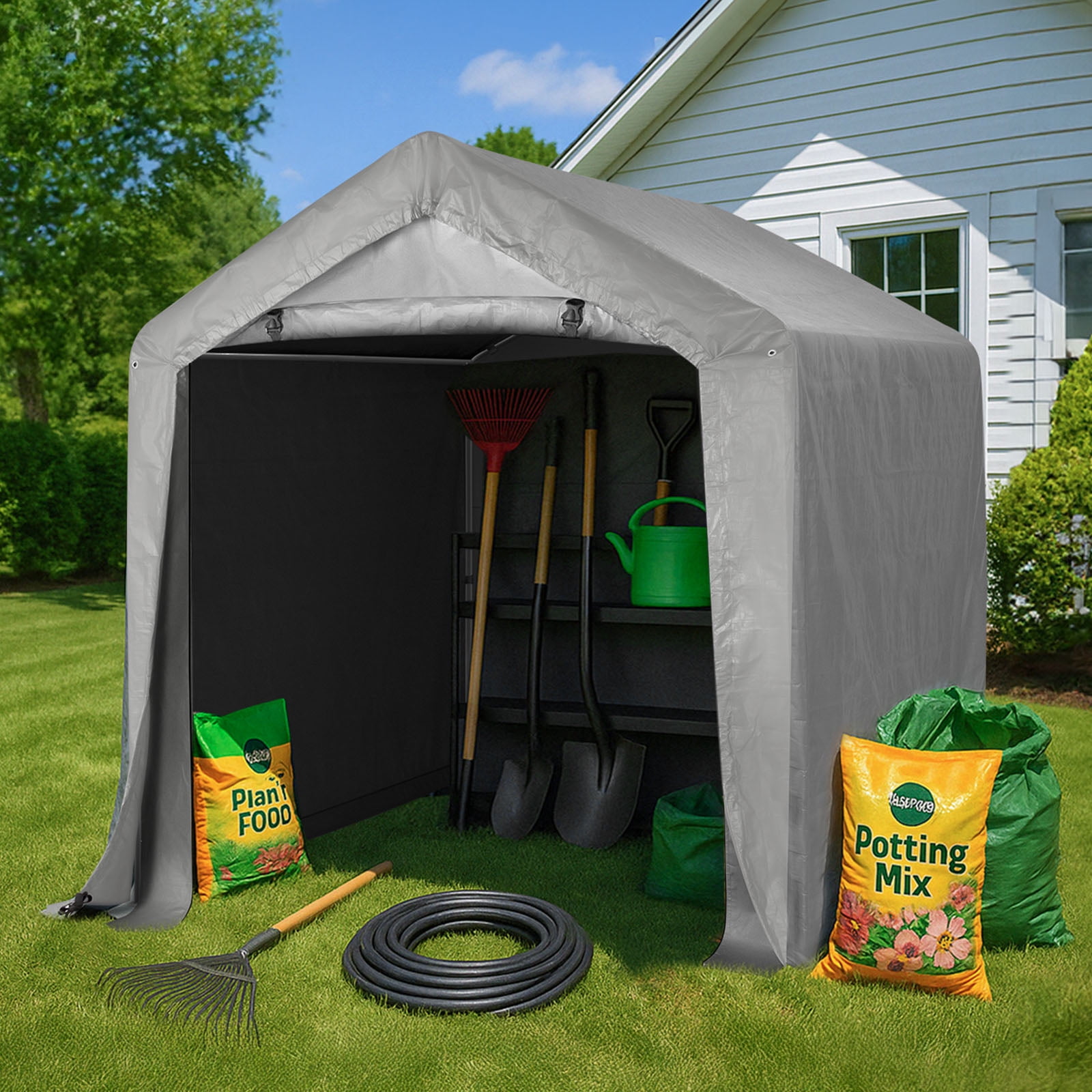 Ktaxon 6'x6' Metal Carport, Outdoor Heavy Duty Car Tent with Rolled up Zipper Door, Portable Garage Car Shelter Shade for Car, Motorcycles, Bikes and Outdoor Tools