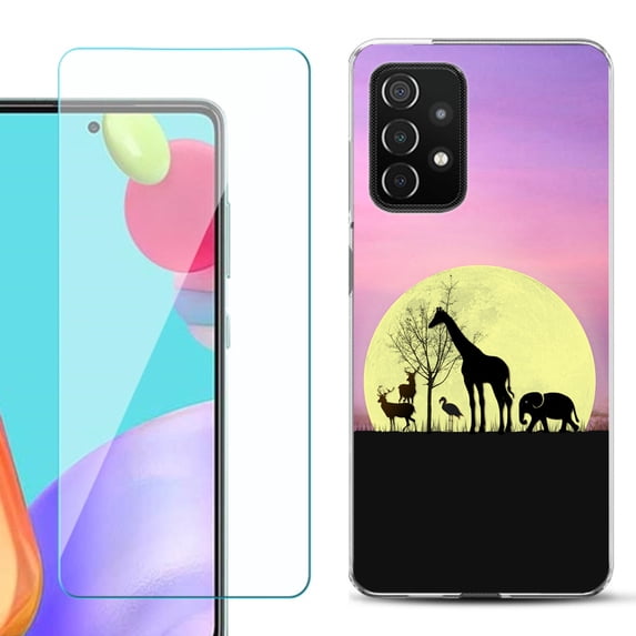 Slim-Fit Flexible Gel TPU Phone Case compatible with Samsung Galaxy A52 5G, with Tempered Glass Screen Protector, by OneToughShield ® - Moonlight Safari